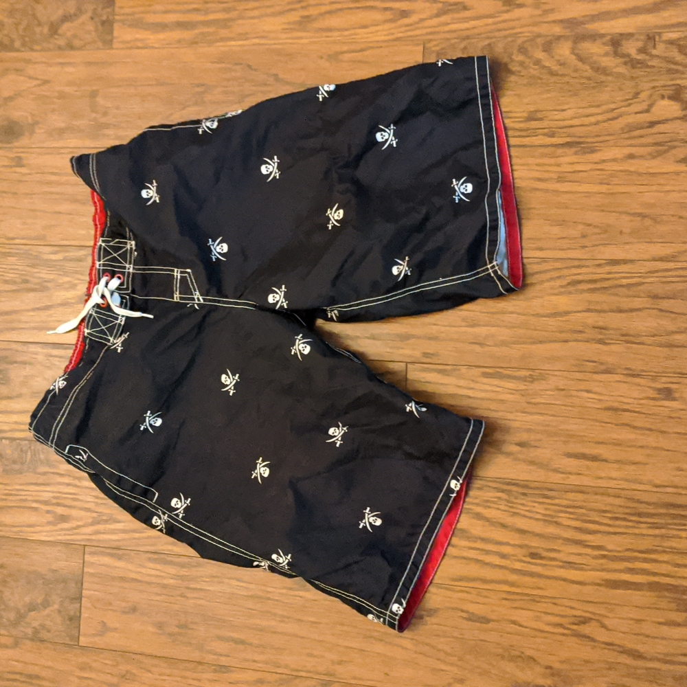 Crossbones skull bathing suit board shorts black and white pirate